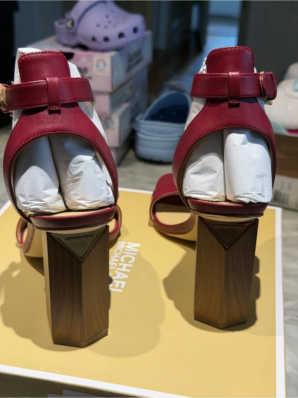 Michael Kors Burgundy Ankle-Strap Block Heel Sandals maroon color